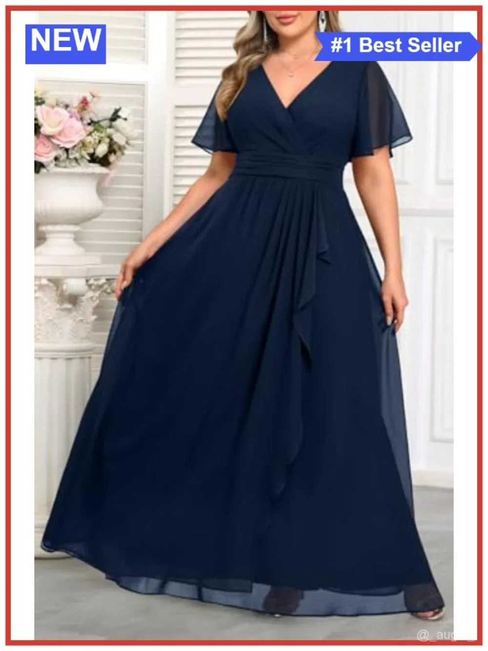 Plus Size Chiffon Formal Dress V-Neck Ruffle Long Sleeve Floor Length